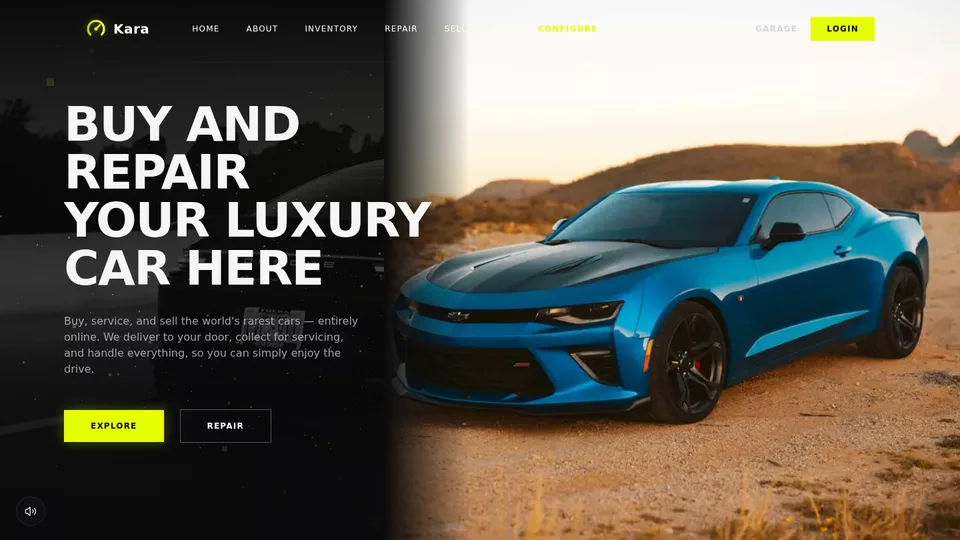 Kara luxury car platform homepage with a blue sports car hero