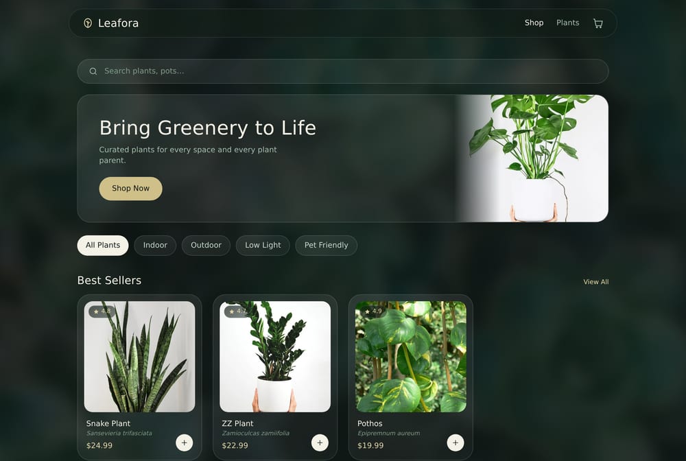 Leafora plant shop &mdash; product grid with category filters and promo banner